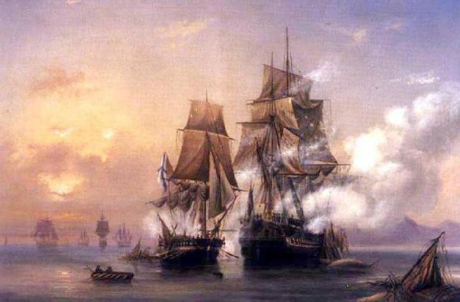 Alexey Bogolyubov Capturing of Swedish 44-gun frigate Venus by Russian 22-gun cutter Merkuriy of June 1, 1789. oil painting picture